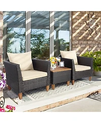3 Pieces Patio Rattan Bistro Furniture Set with Wooden Table Top