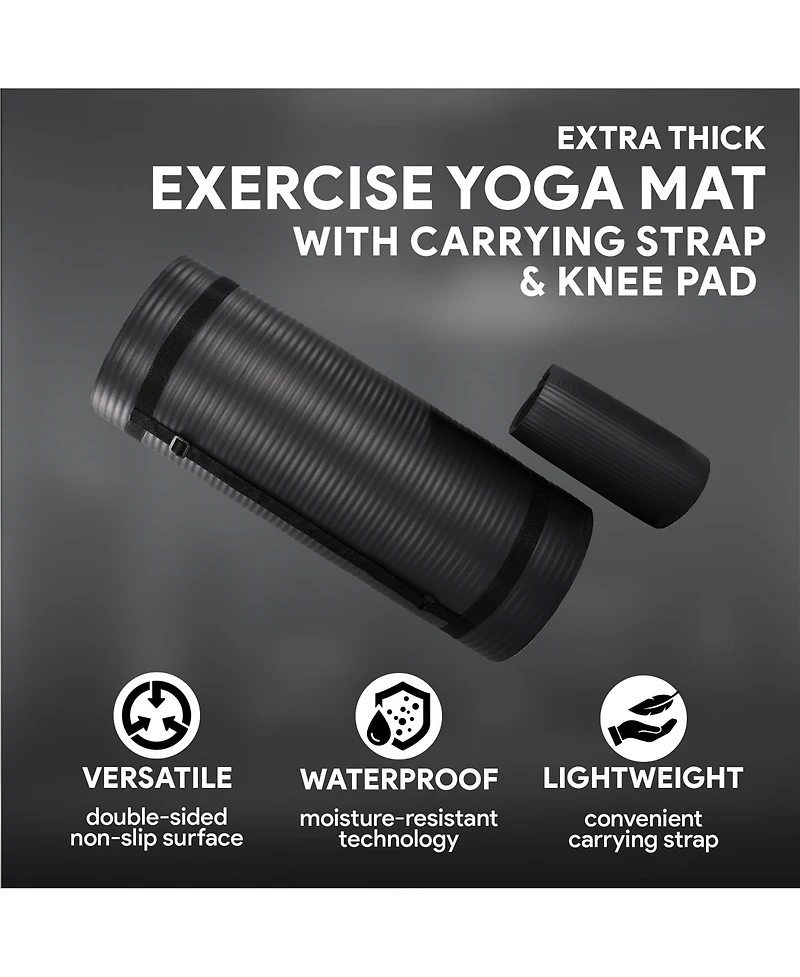 BalanceFrom Fitness 1" Extra Thick Yoga Mat w/Knee Pad and Carrying Strap, Black