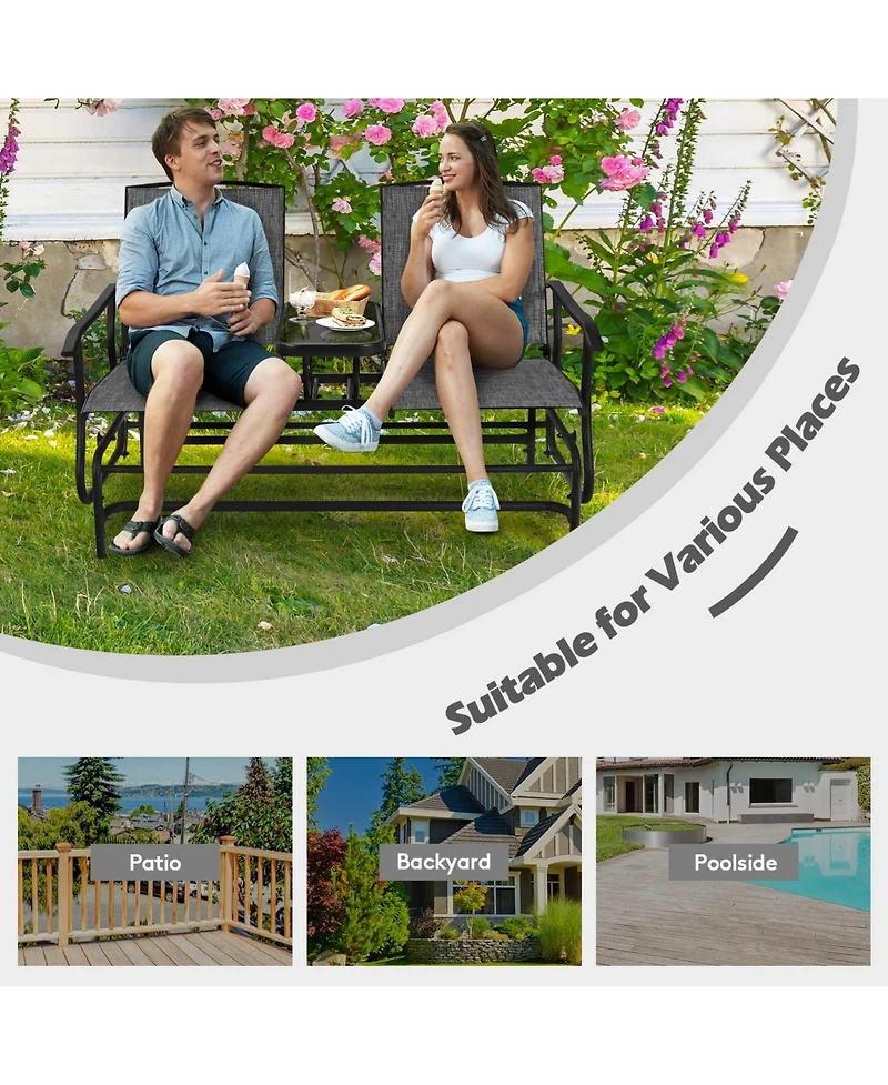 Sugift 2-Person Double Rocking Loveseat with Mesh Fabric and Center Tempered Glass Table