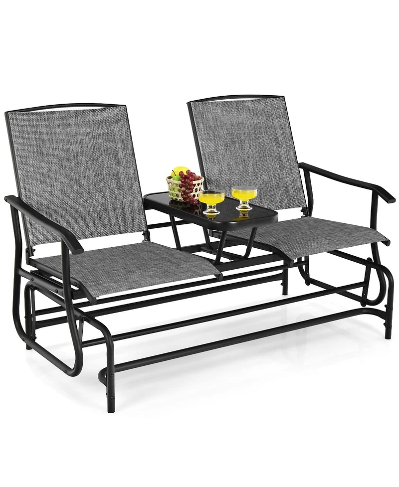 Sugift 2-Person Double Rocking Loveseat with Mesh Fabric and Center Tempered Glass Table