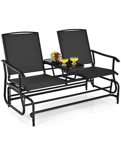 Sugift 2-Person Double Rocking Loveseat with Mesh Fabric and Center Tempered Glass Table