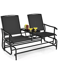 Sugift 2-Person Double Rocking Loveseat with Mesh Fabric and Center Tempered Glass Table