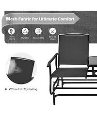 Sugift 2-Person Double Rocking Loveseat with Mesh Fabric and Center Tempered Glass Table