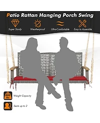 2-Person Patio Wicker Hanging Swing Chair Loveseat Cushion Porch Red