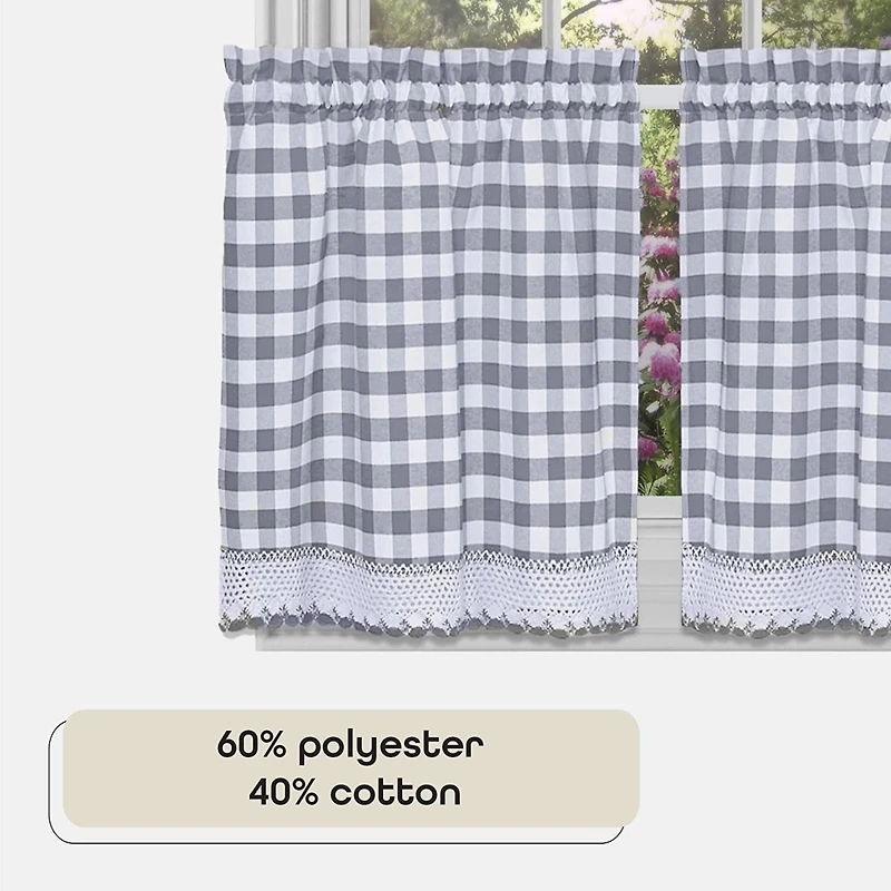 Kate Aurora 2 Piece Country Farmhouse Buffalo Plaid Rod Pocket Cafe Tier Curtain Panels With Macrame Border