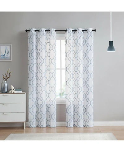 Kate Aurora 2 Piece Charlotte Clover Trellis Grommet Top Sheer Voile Window Curtain Panels - 38 in. W x 96 in. L, Blue