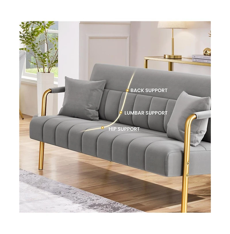 Yaheetech 56.5 W Upholstered Sofa Couch with Gold-tone Metal Arms and Legs