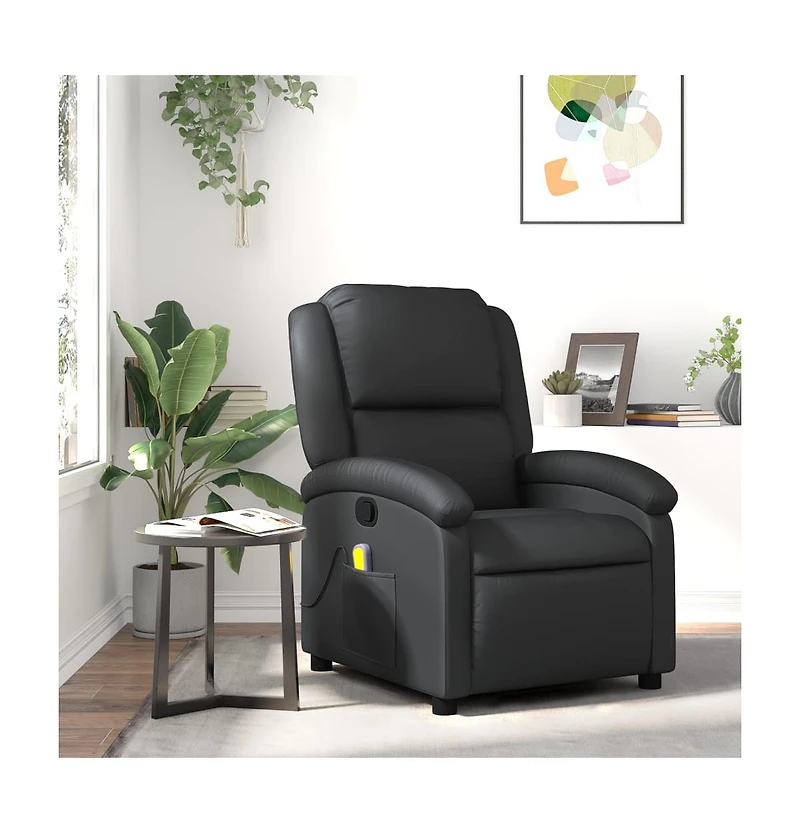 Massage Recliner Chair Black Real Leather