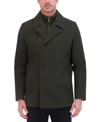 Kenneth Cole Men's Double Breasted Wool Blend Peacoat with Bib