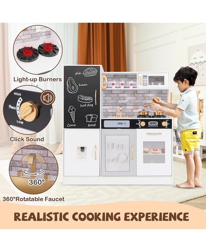 Gymax Play Kitchen Toy Set w/ Chalkboard Oven Sink Curtain Microwave Water Dispenser