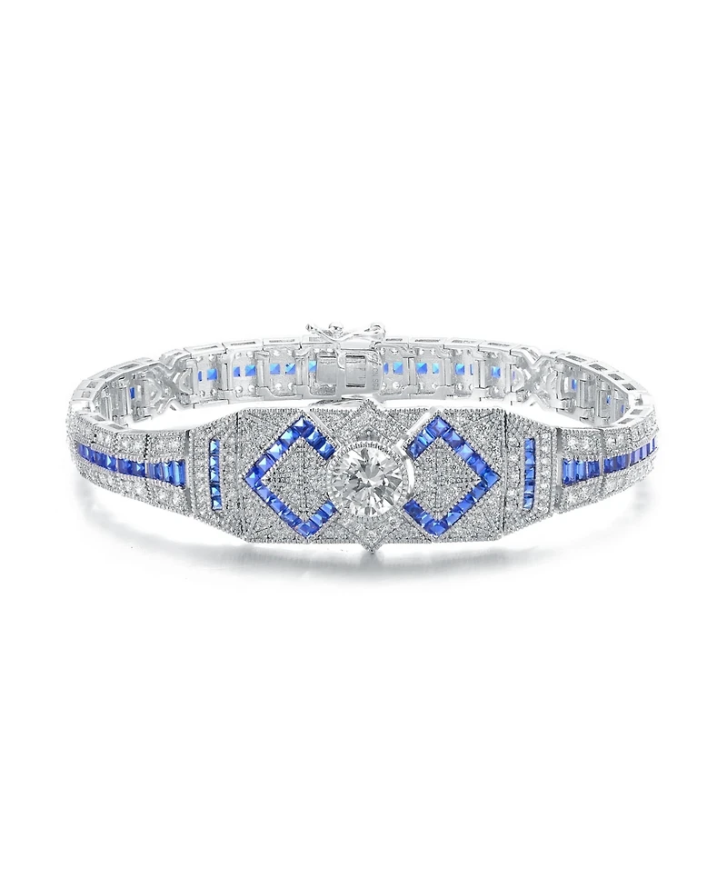 White gold Plated Clear Round and Blue Baguette Cubic Zirconia Link Bracelet