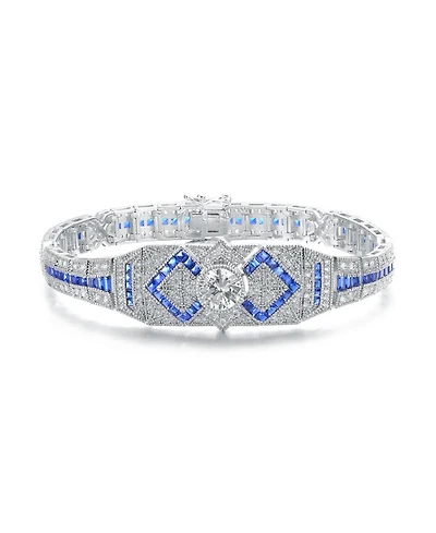 White gold Plated Clear Round and Blue Baguette Cubic Zirconia Link Bracelet