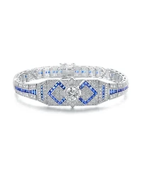 White gold Plated Clear Round and Blue Baguette Cubic Zirconia Link Bracelet
