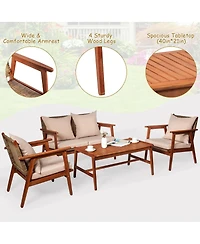 Sugift 4 Pieces Acacia Wood Patio Rattan Furniture Set with Cushions