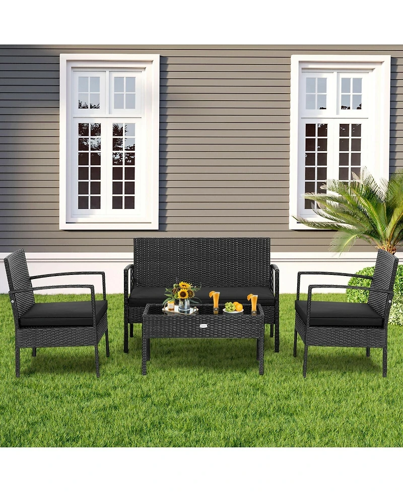 Vebreda 4 Pieces Patio Rattan Furniture Set with Cushion