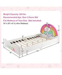 Kids Upholstered Platform Bed Children Twin Size Wooden Bed Unicorn Pattern