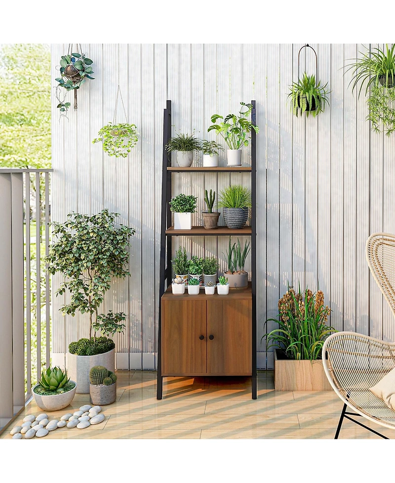 2 Pcs Ladder Shelf Industrial Bookcase with Cabinet Metal Frame for Living Room