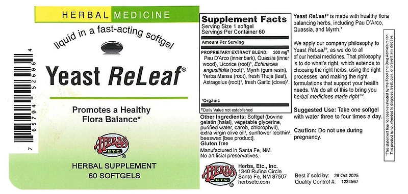 Herbs Etc, Yeast Releaf, 60 Capsules