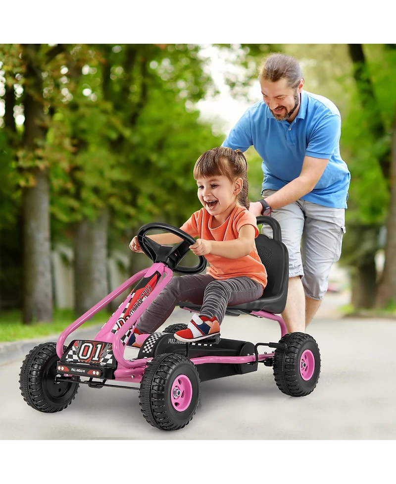Gymax Kids Pedal Go Kart 4 Wheel Ride On Toys w/ Adjustable Seat Handbrake Red