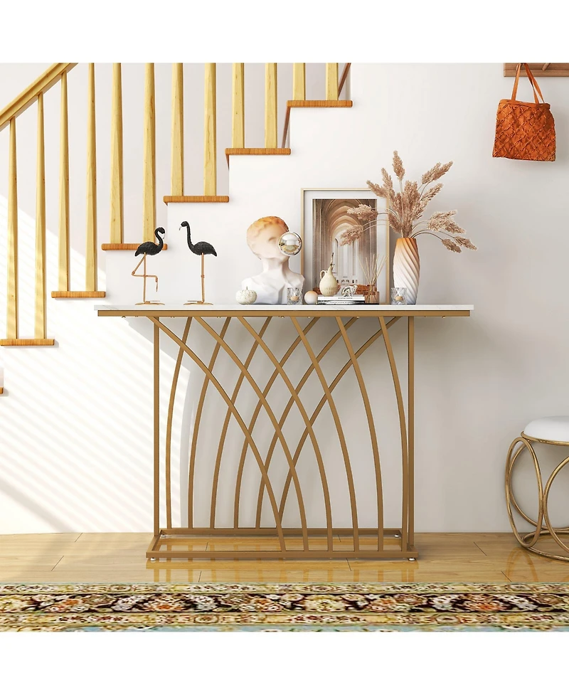 Sugift 48 Inch Gold Console Table with White Faux Marble Tabletop-White