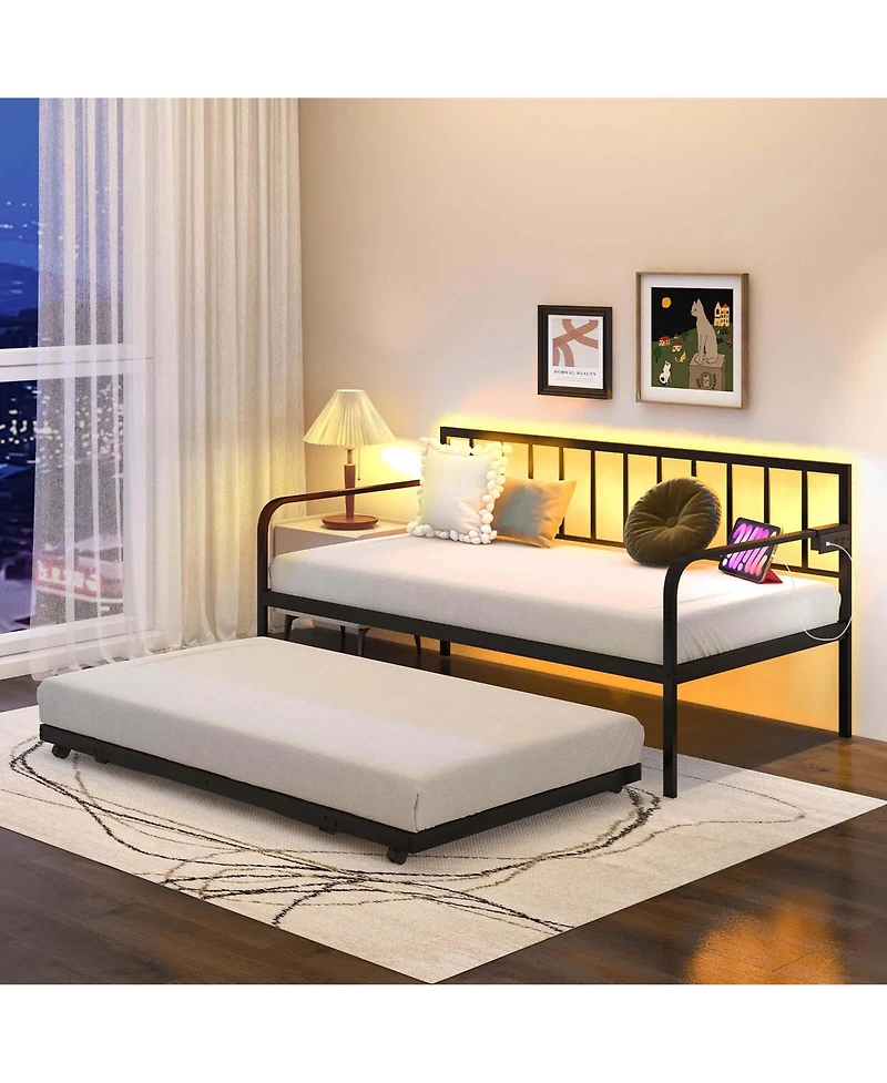 Twin Daybed Adjustable Sofa Bed Frame with Charging Station & Led Lights