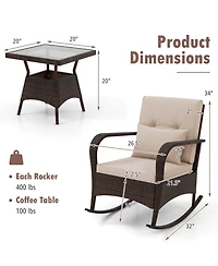 3 Pcs Rocking Bistro Set with Removable Cushions & Tempered Glass Top Coffee Table