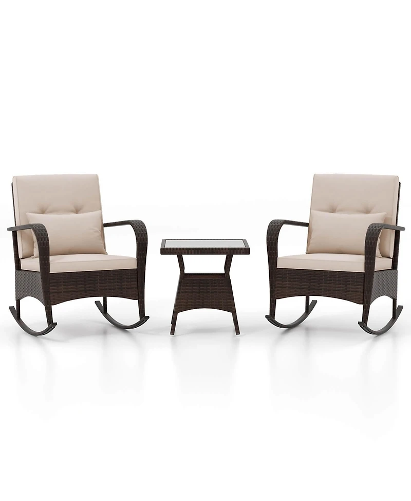 3 Pcs Rocking Bistro Set with Removable Cushions & Tempered Glass Top Coffee Table