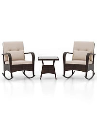 3 Pcs Rocking Bistro Set with Removable Cushions & Tempered Glass Top Coffee Table