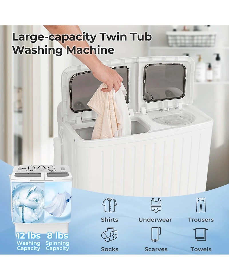 Portable Washing Machine Twin Tub Compact Laundry Washer with 20 lbs Capacity
