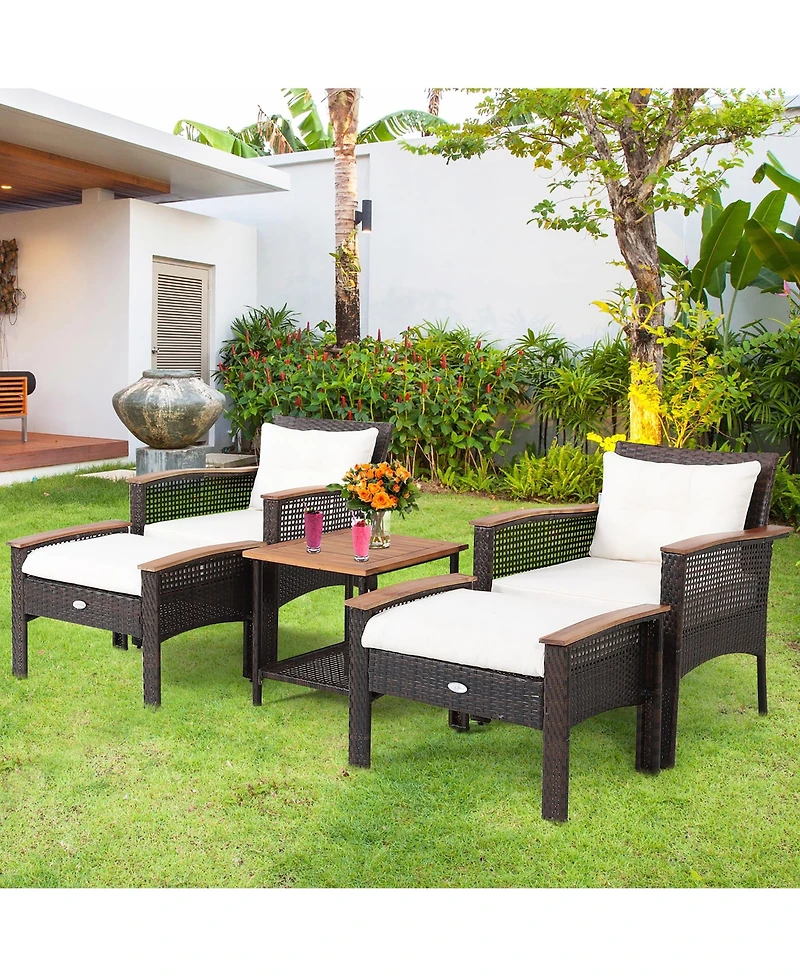 5PCS Patio Rattan Furniture Set Acacia Wood Table Armrest Cushion Yard