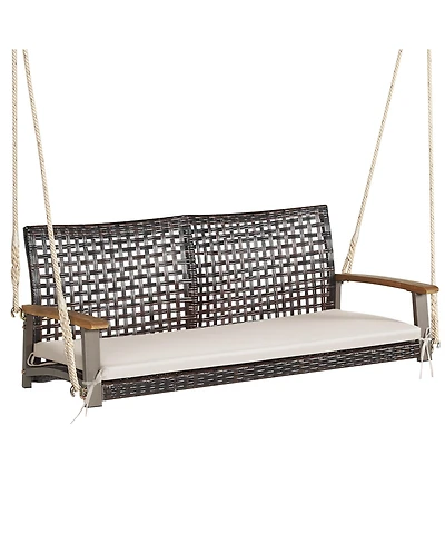 2-Person Patio Rattan Hanging Swing Chair Porch Loveseat Cushion Off White