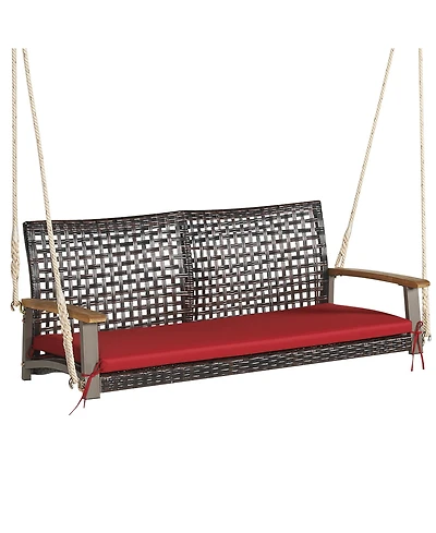 2-Person Patio Rattan Hanging Swing Chair Porch Loveseat Cushion Off White