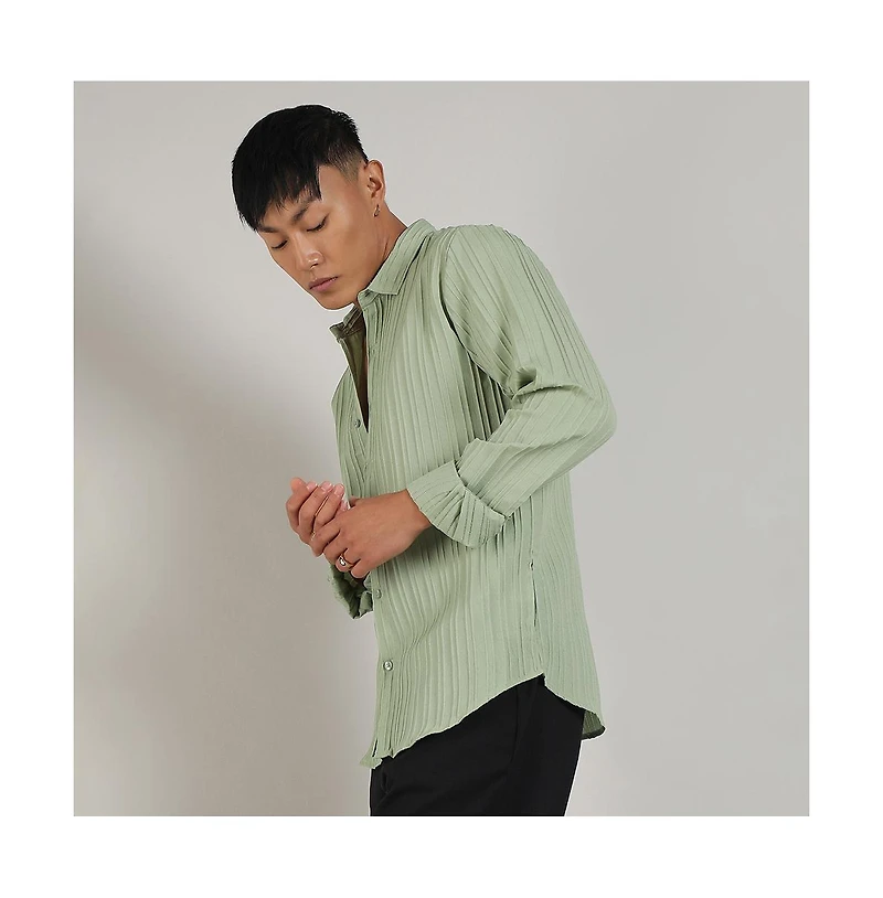 Men's Pistachio Green Self-Design Striped Shirt