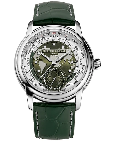 Frederique Constant Men's Swiss Automatic Classic Worldtimer Manufacture Green Leather Strap Watch 42mm