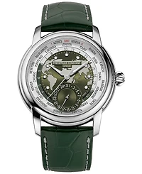 Frederique Constant Men's Swiss Automatic Classic Worldtimer Manufacture Green Leather Strap Watch 42mm