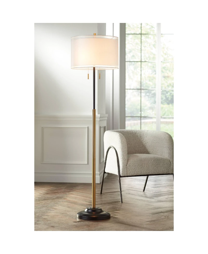 Possini Euro Design Roxie Modern Floor Lamp Standing 65 1/2" Tall Brass Black Metal Sheer Linen Double Drum Shade for Living Room Bedroom Office
