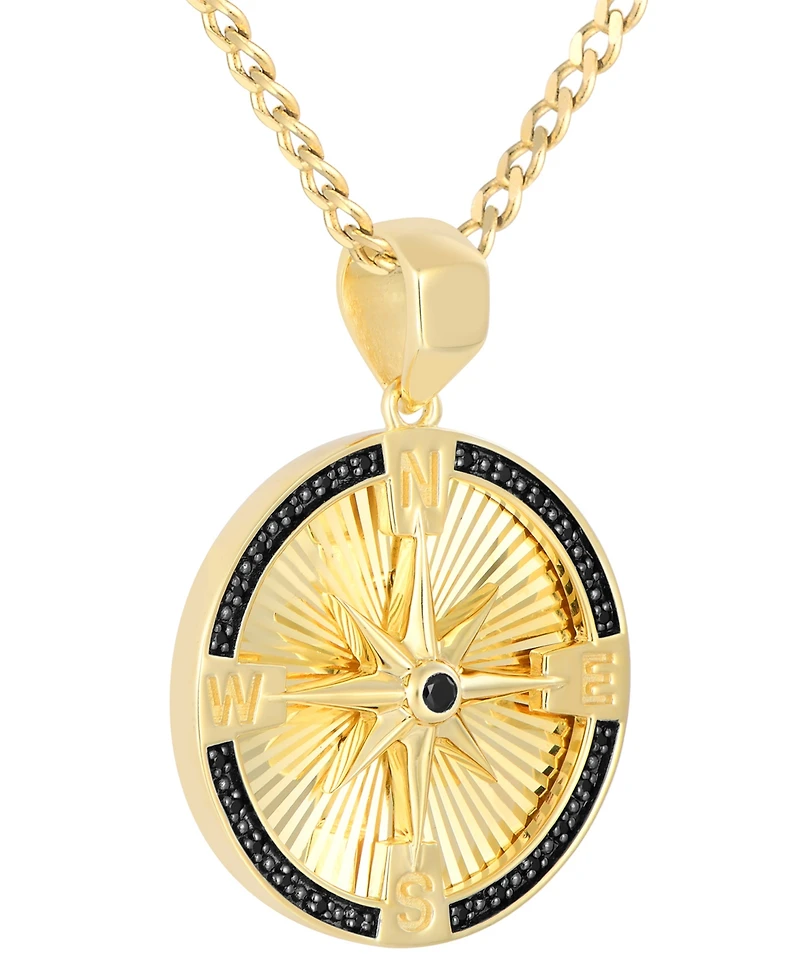 Men's Black Diamond Star Compass Medallion 22" Pendant Necklace (1/8 ct. t.w.) in 14k Gold-Plated Sterling Silver