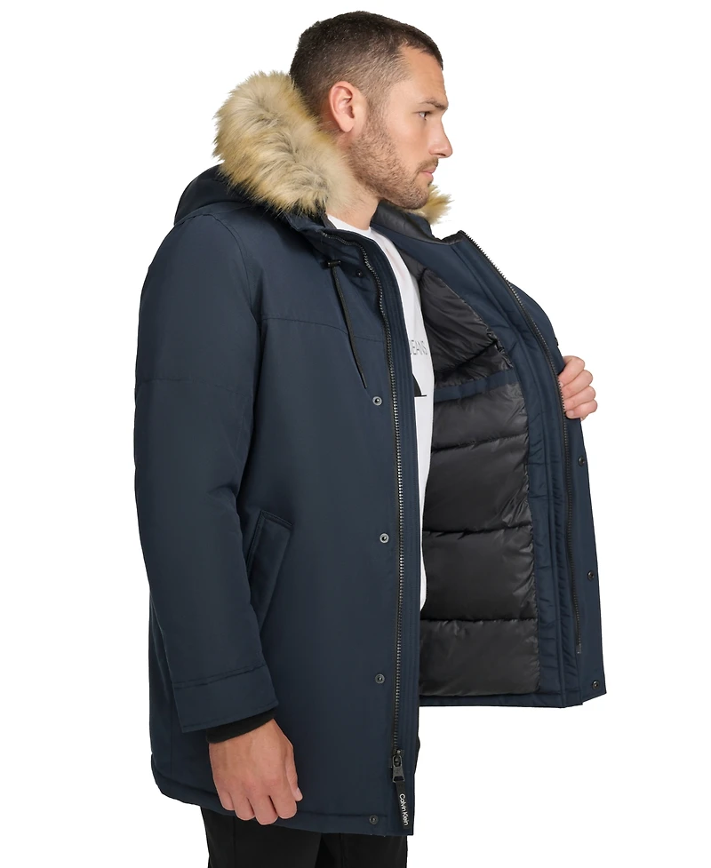 Calvin Klein Men's Long Parka with Faux-Fur Lined Hood