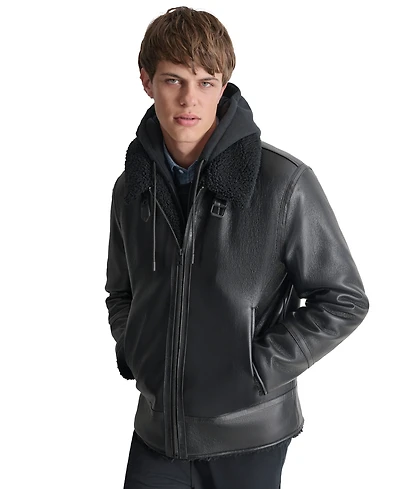 Dkny Men's Faux Leather Jacket with Removable Faux Fur Bib
