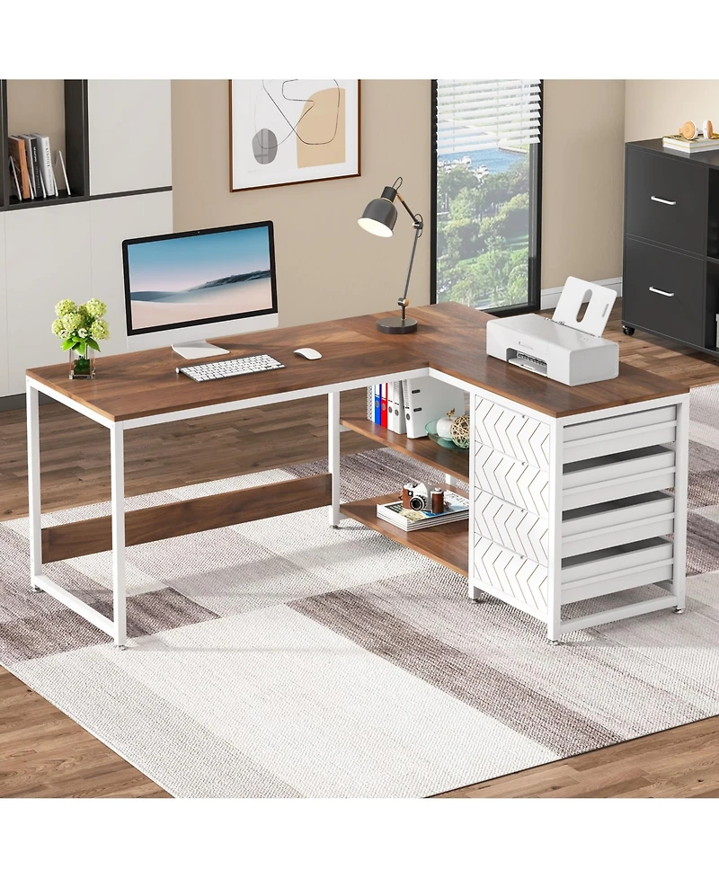 Tribesigns L Shaped Computer Desk with Storage Drawers, 59 inch Corner Desk with Shelves
