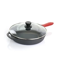 MegaChef Pre-Seasoned 9 Piece Cast Iron Skillet Set with Lids and Red Silicone Holder