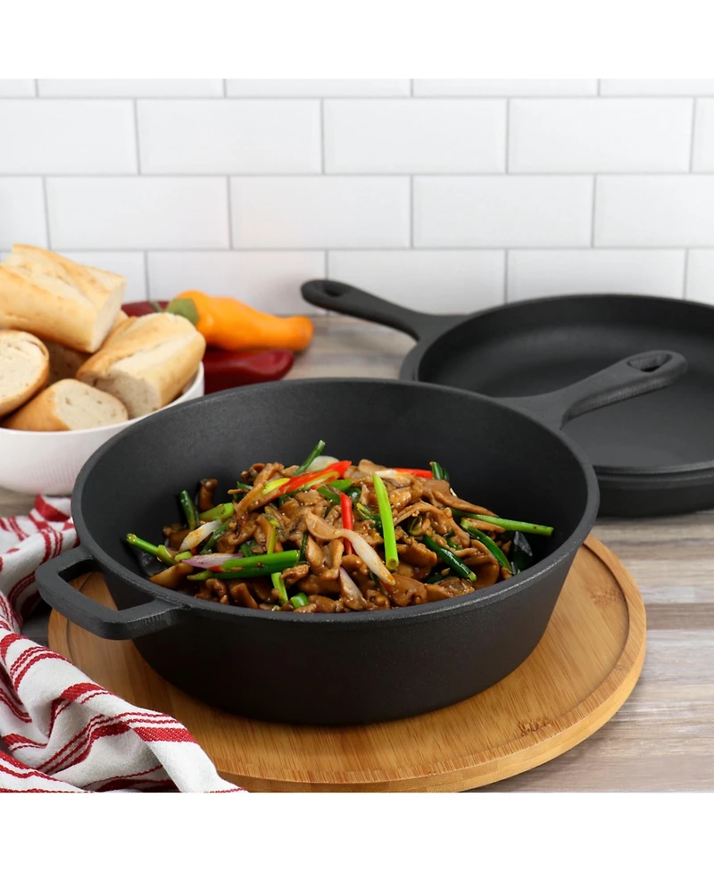 MegaChef 10.5 Inch 2-in-1 Pre-Seasoned Cast Iron Skillet and Fry Pan Set
