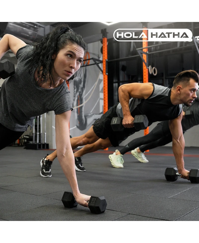 HolaHatha Hexagonal Dumbbell Free Hand Weight Set w/Rack, 5, 10, & 15 Lbs, Black