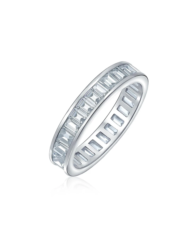 Bling Jewelry Cubic Zirconia Channel Set Rectangle Emerald Cut Baguette Cz Eternity Band Ring .925 Sterling Silver 4MM Stackable Rings