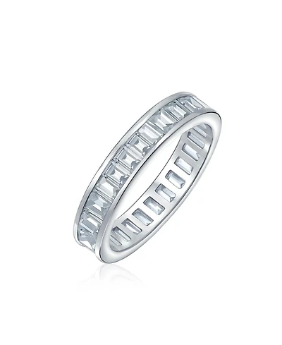 Bling Jewelry Cubic Zirconia Channel Set Rectangle Emerald Cut Baguette Cz Eternity Band Ring .925 Sterling Silver 4MM Stackable Rings