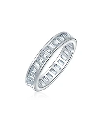 Bling Jewelry Cubic Zirconia Channel Set Rectangle Emerald Cut Baguette Cz Eternity Band Ring .925 Sterling Silver 4MM Stackable Rings