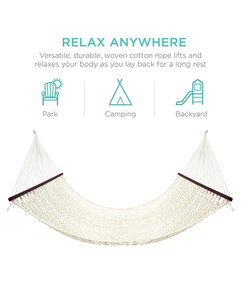 Best Choice Products 2-Person Woven Cotton Rope Double Hammock for Backyard w/ Spreader Bars, Carrying Case