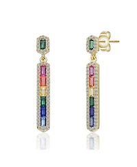 Sterling Silver 14K Gold Plated Multi-Colored Cubic Zirconia Linear Dangle Earrings