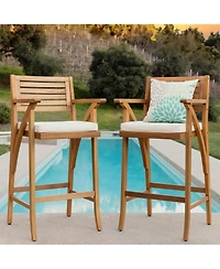 Best Choice Products Set of 2 Outdoor Acacia Wood Bar Stools Bar Chairs w/ Weather-Resistant Cushions - Teak Finish