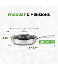 NutriChef 12'' Stir Fry Pan with Glass Lid - Triply Stainless Steel Cookware, Dakin Etching Non-Stick Coating Inside and Outside